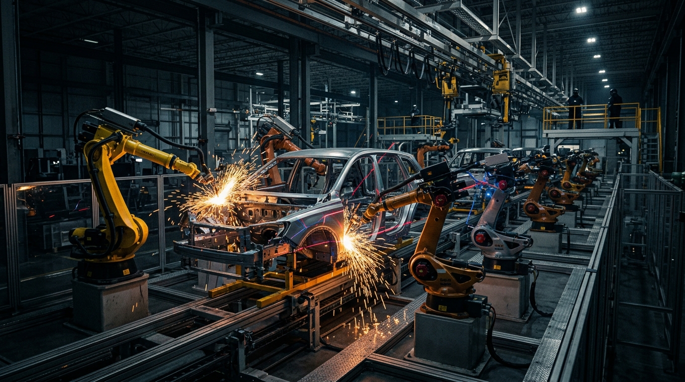 Automated industrial assembly line with robotic arms